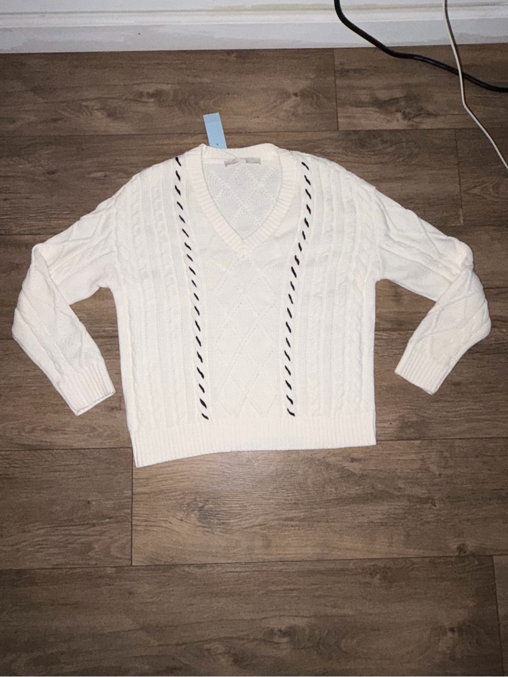 Loft Cream V-Neck Cable Knit Sweater with Contrast Trim